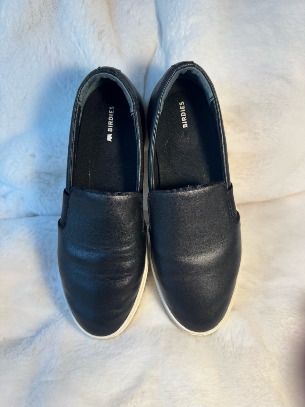 Birdies Black Leather Slip-On Sneakers with White Sole Trim Size 7.5